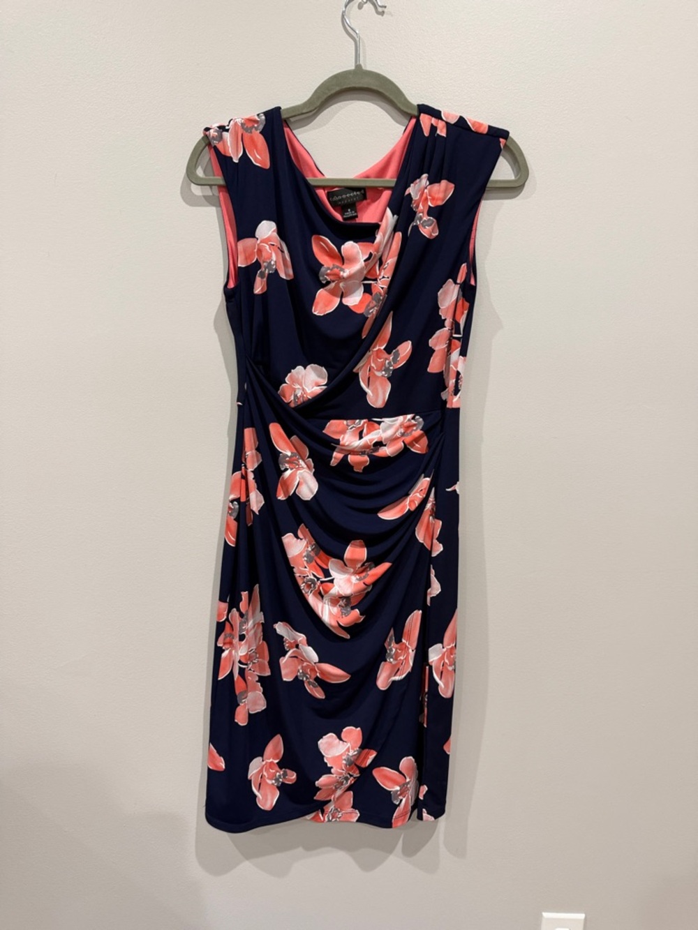 connected apparel Navy Midi Dress with Coral Pink Floral Print